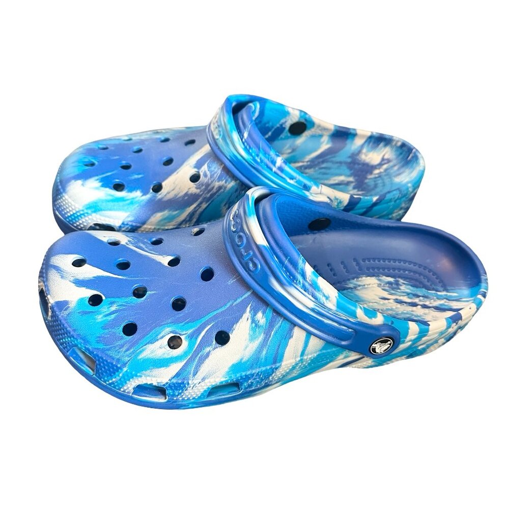 CROCS Blue Marble Blend Crocs, Slip Ons, Size Men's 10 women's 12